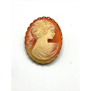 VINTAGE Gold Tone‎ Lady CAMEO Pin Brooch Orange And Cream